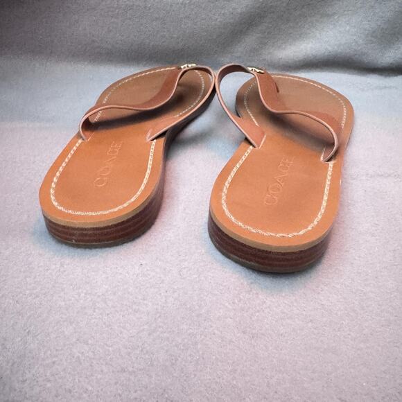 Coach Sandals Womens Size 7.5 Tan Brown Leather Thong Flip Flop Heart Logo - Picture 5 of 11
